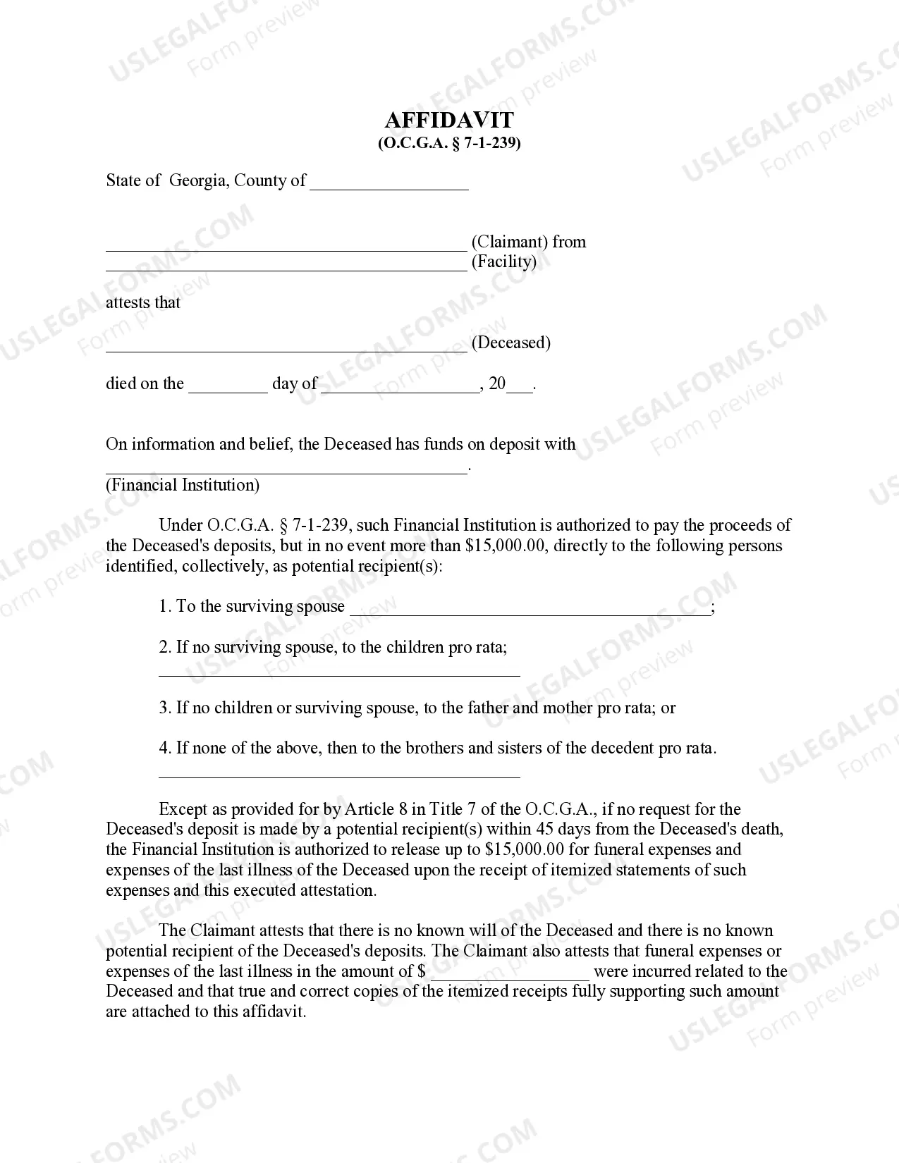 Preview Banking Affidavit of Surviving Relative - Intestate Estate