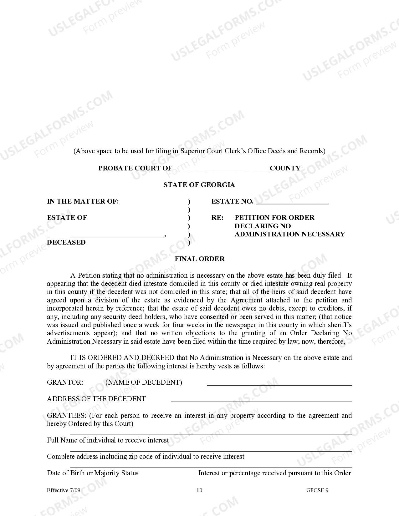 Preview Petition for Order Declaring No Administration Necessary
