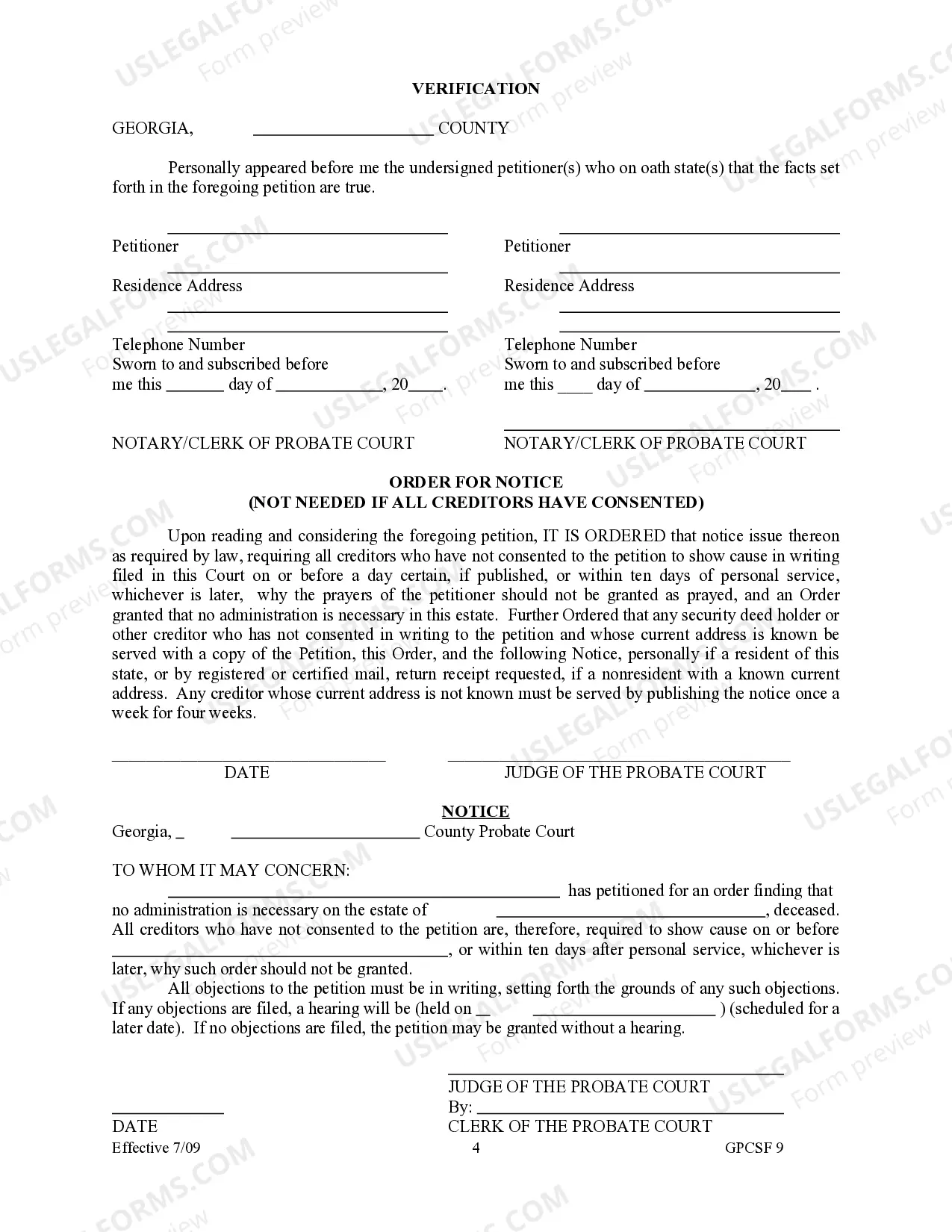 Preview Petition for Order Declaring No Administration Necessary