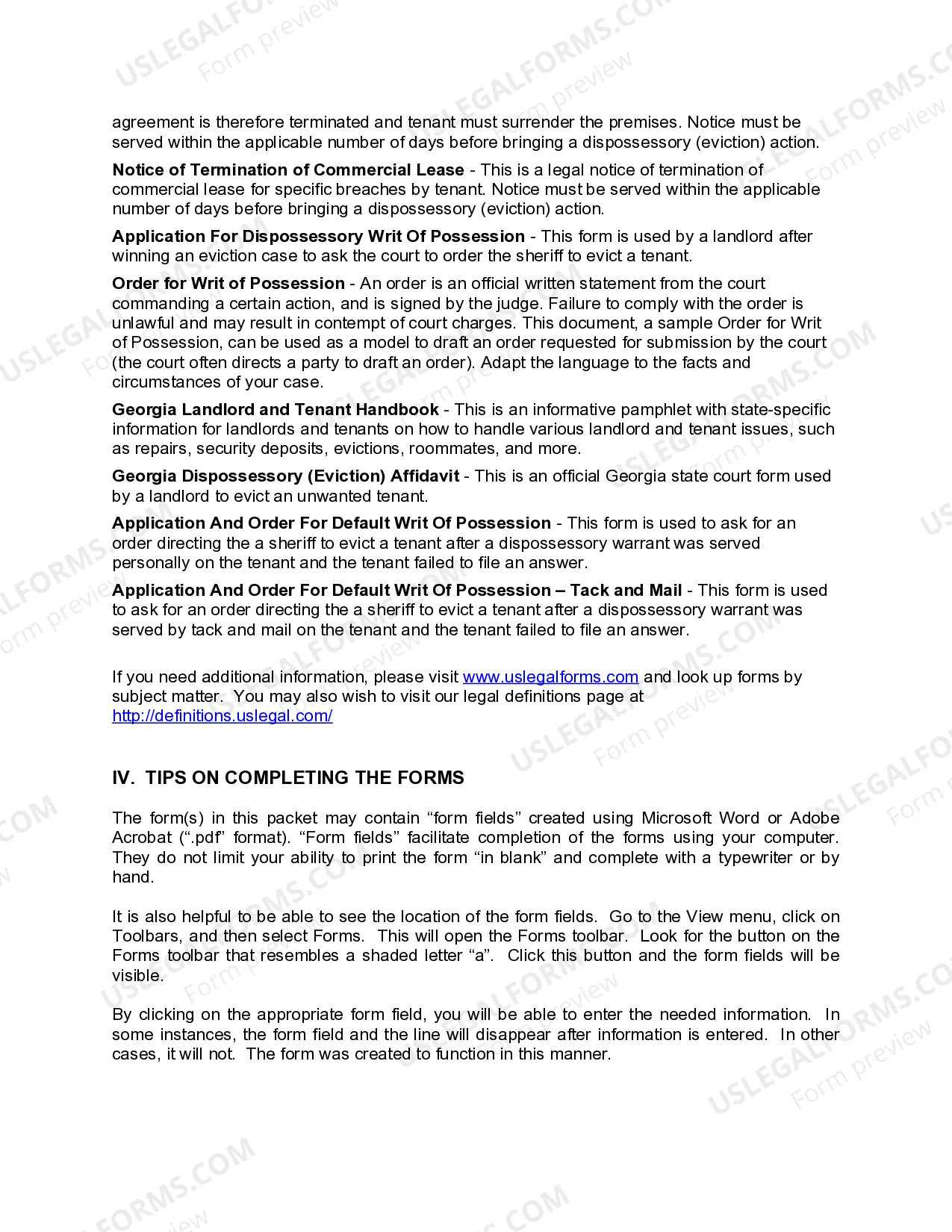 Preview Georgia Landlord Tenant Eviction / Unlawful Detainer Forms Package