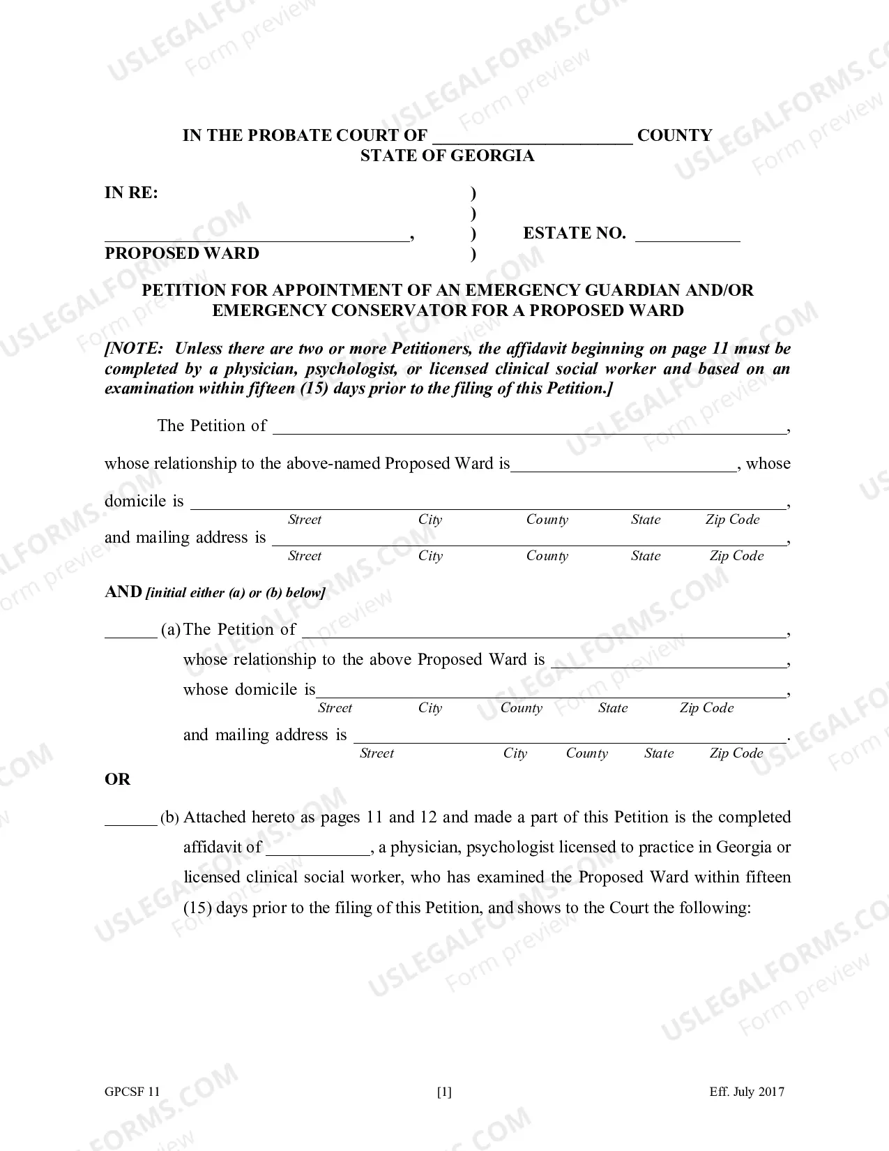 Preview Petition for the Appointment of an Emergency Guardianship for a Proposed Ward