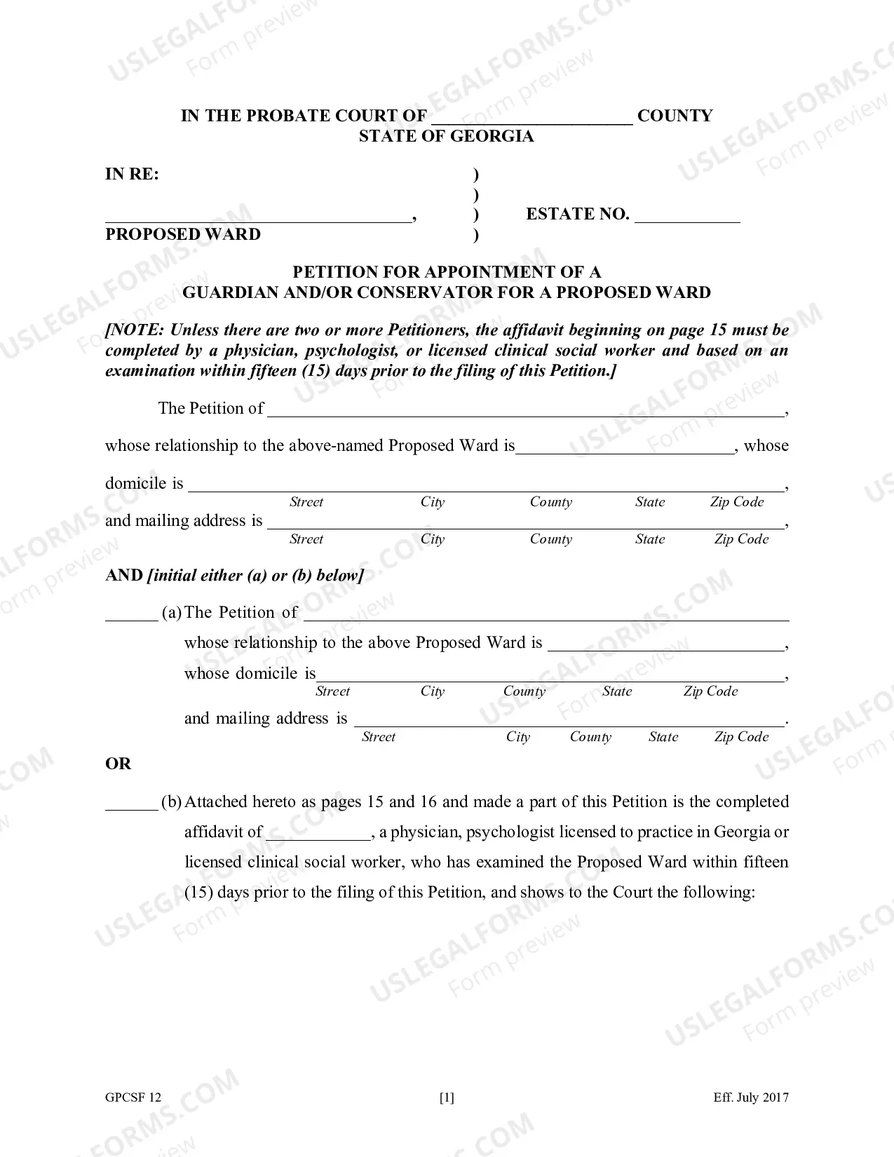 Preview Petition for the Appointment of Guardian or Conservator for Proposed Ward