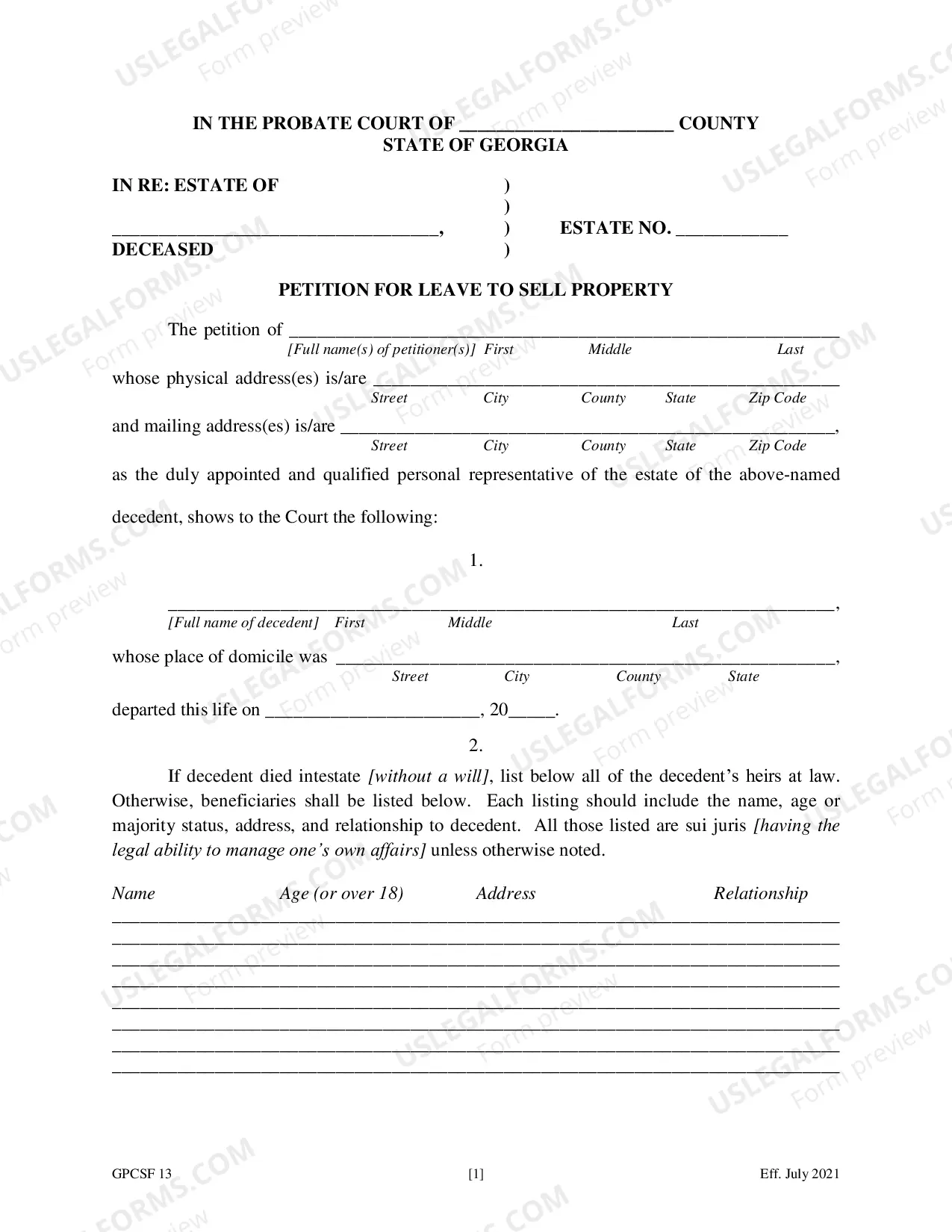 Preview Petition of Personal Representative for Leave to Sell Property