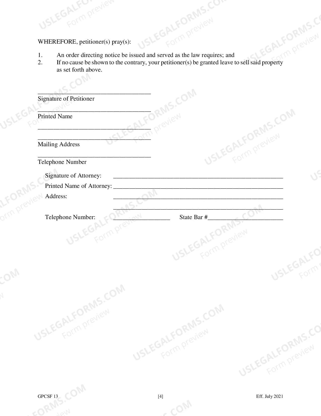 Preview Petition of Personal Representative for Leave to Sell Property