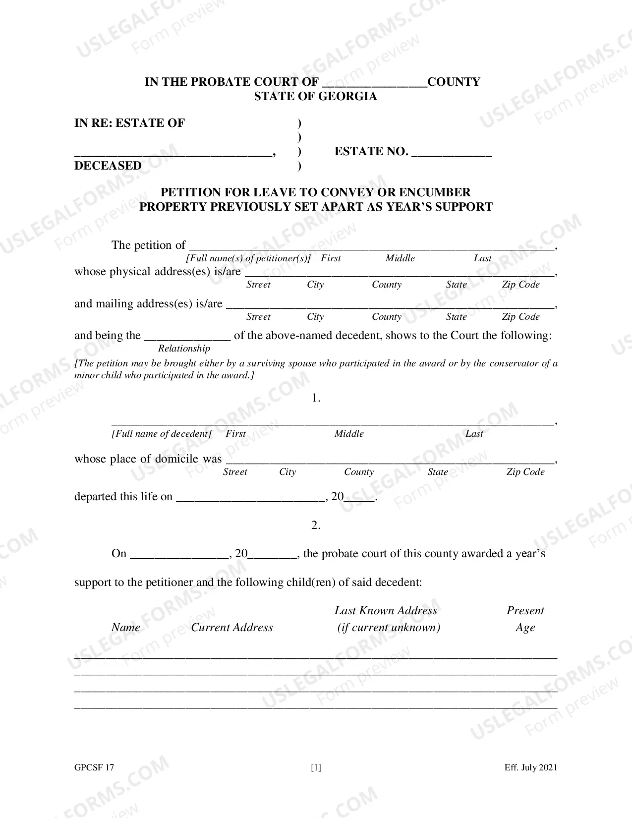Preview Petition for Leave to Convey or Encumber Property Previously Set Aside as Year's Support