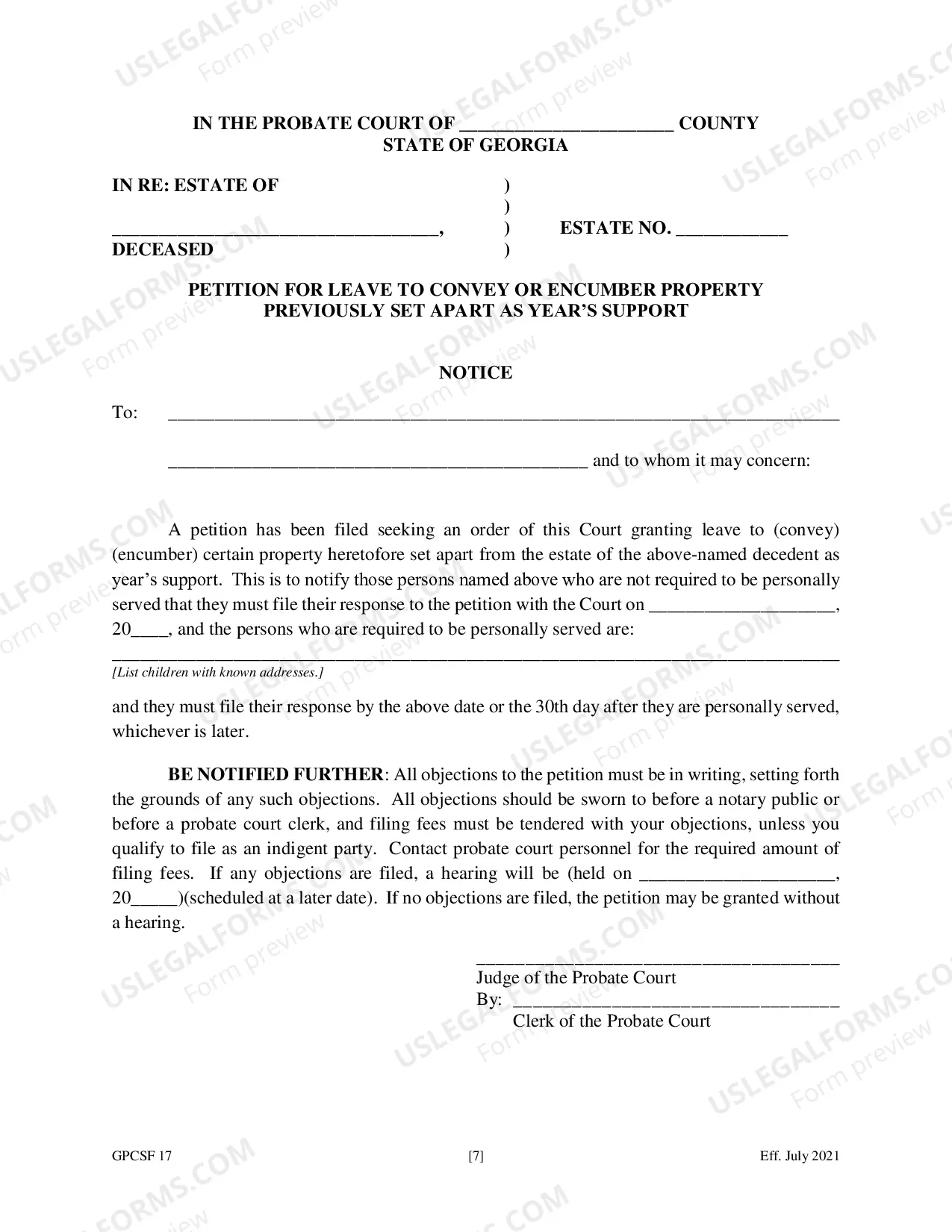 Preview Petition for Leave to Convey or Encumber Property Previously Set Aside as Year's Support