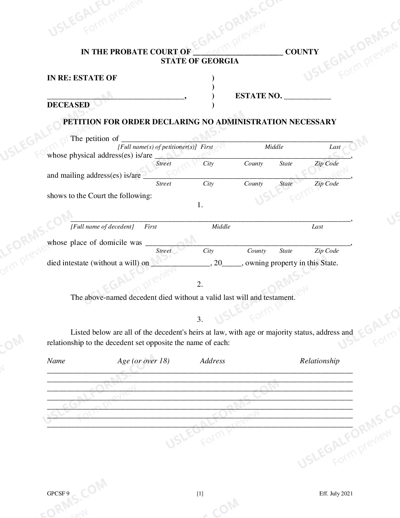 Preview Petition for Order Declaring No Administration Necessary