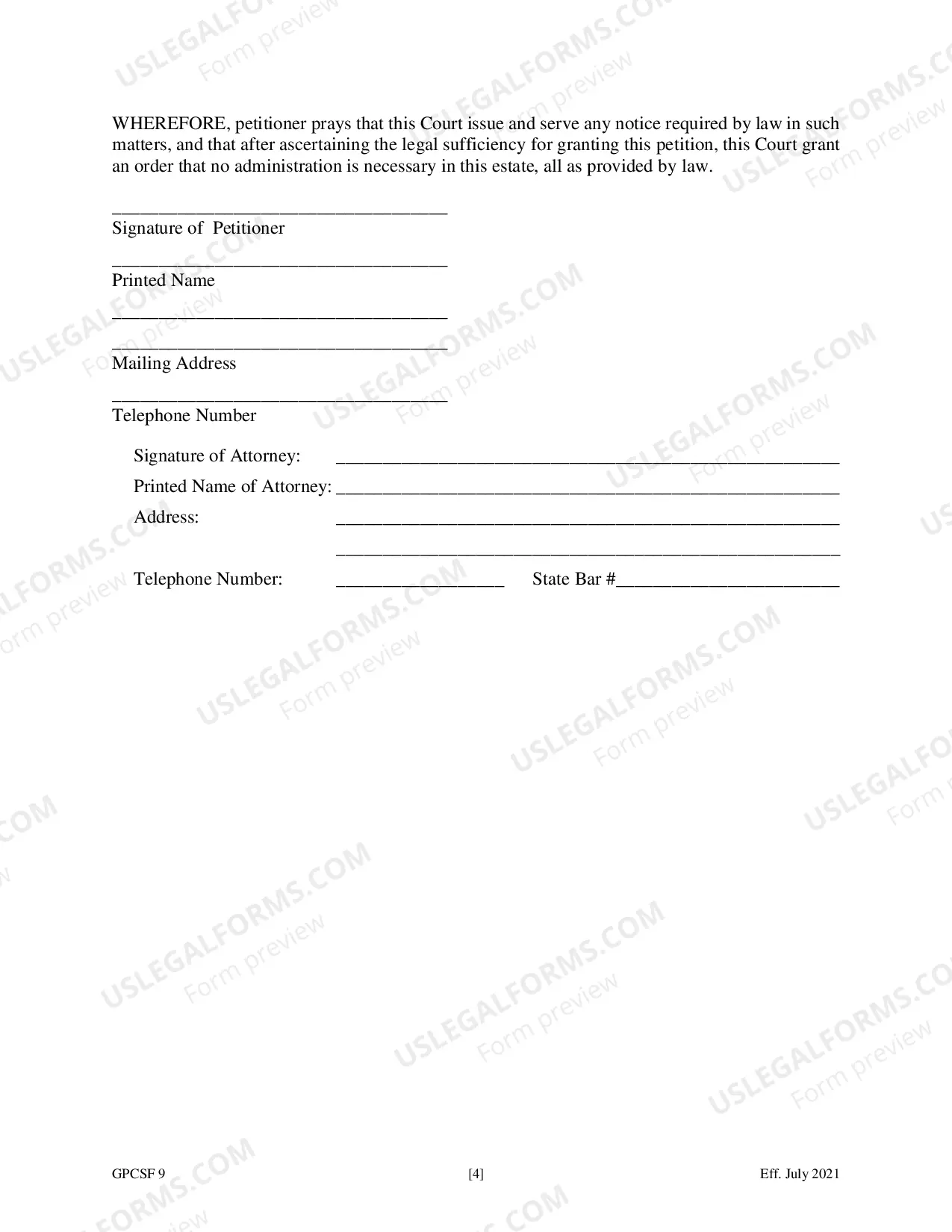 Preview Petition for Order Declaring No Administration Necessary