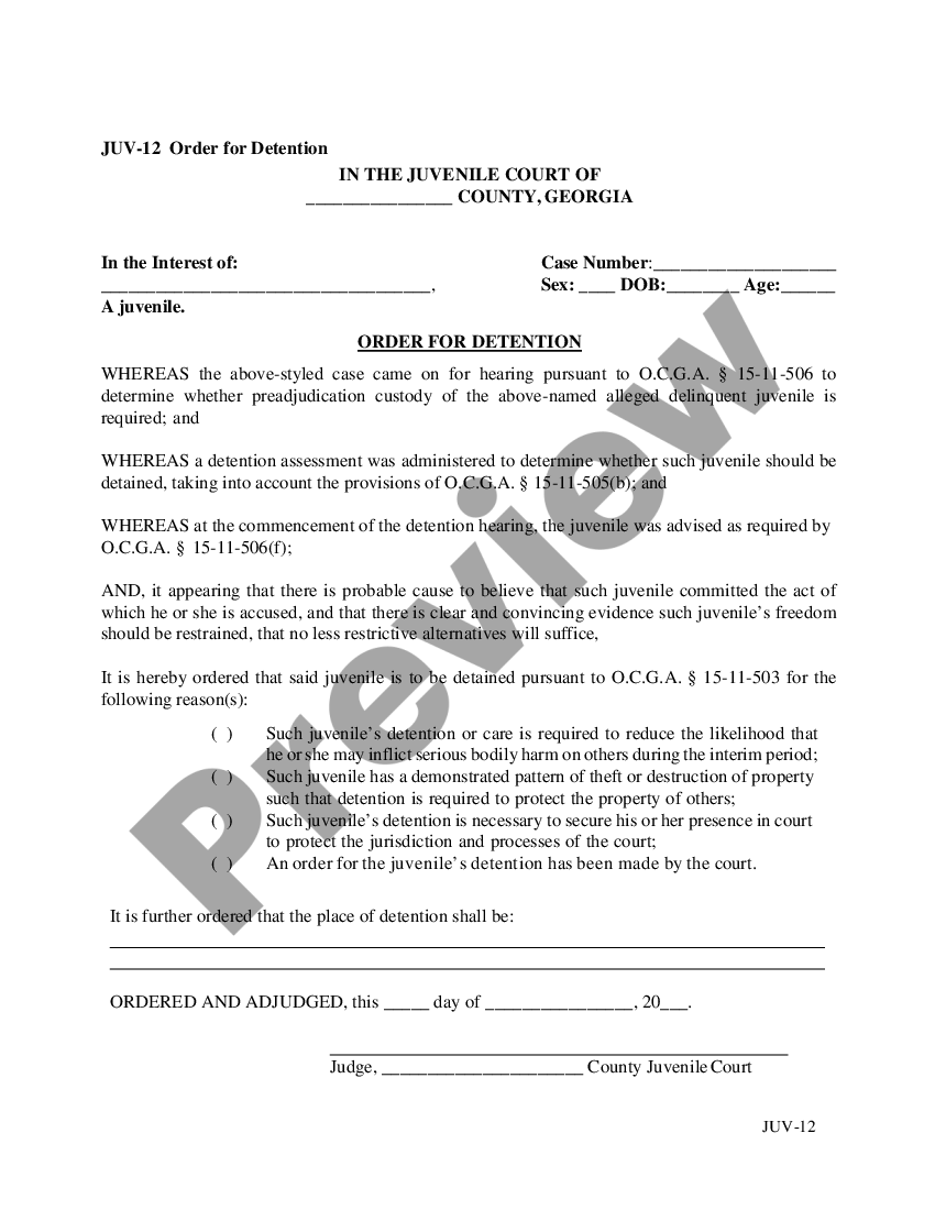 Order for Detention US Legal Forms