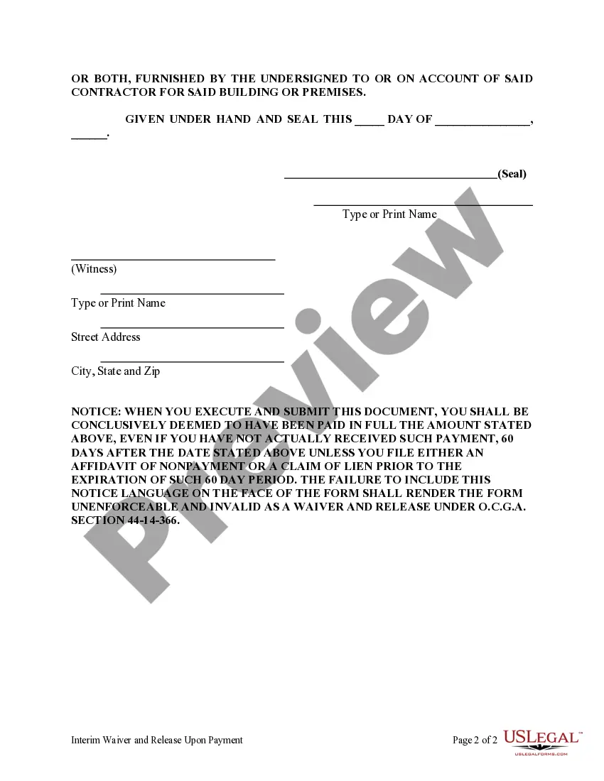 Preview Interim Waiver and Release Upon Payment Sect. 44-14-366 - Individual