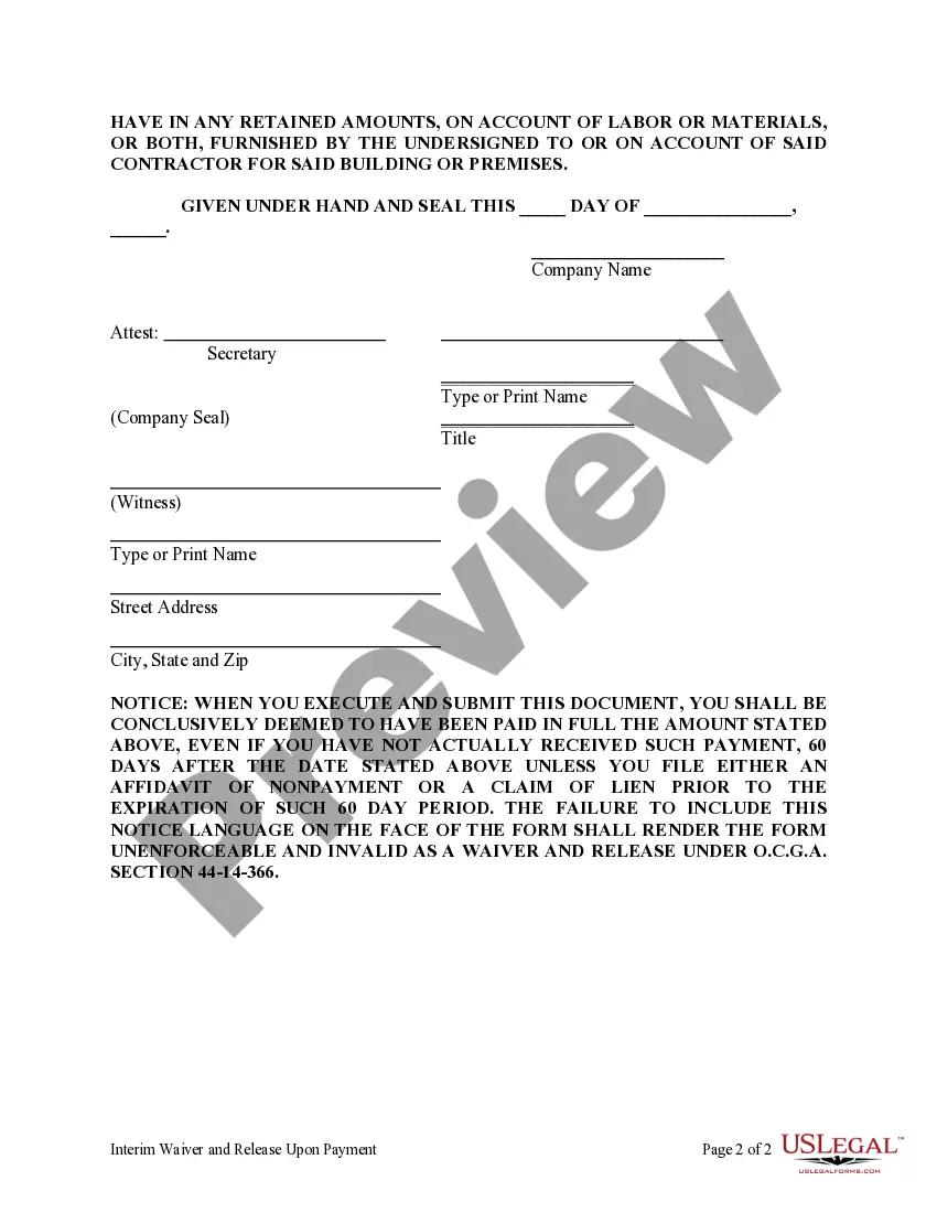 Preview Interim Waiver and Release Upon Payment Sect. 44-14-366 - Corporation or LLC