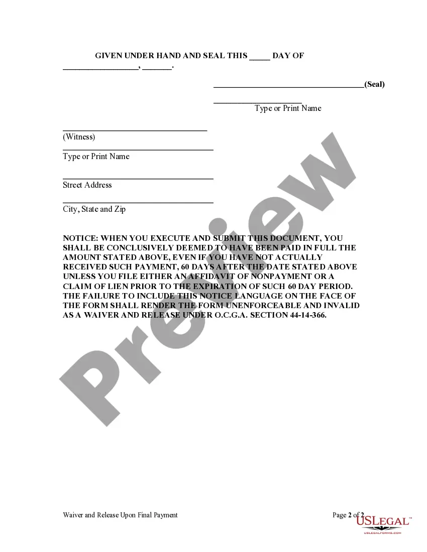 Preview Unconditional Waiver and Release Upon Final Payment Sect. 44-14-366 - Individual