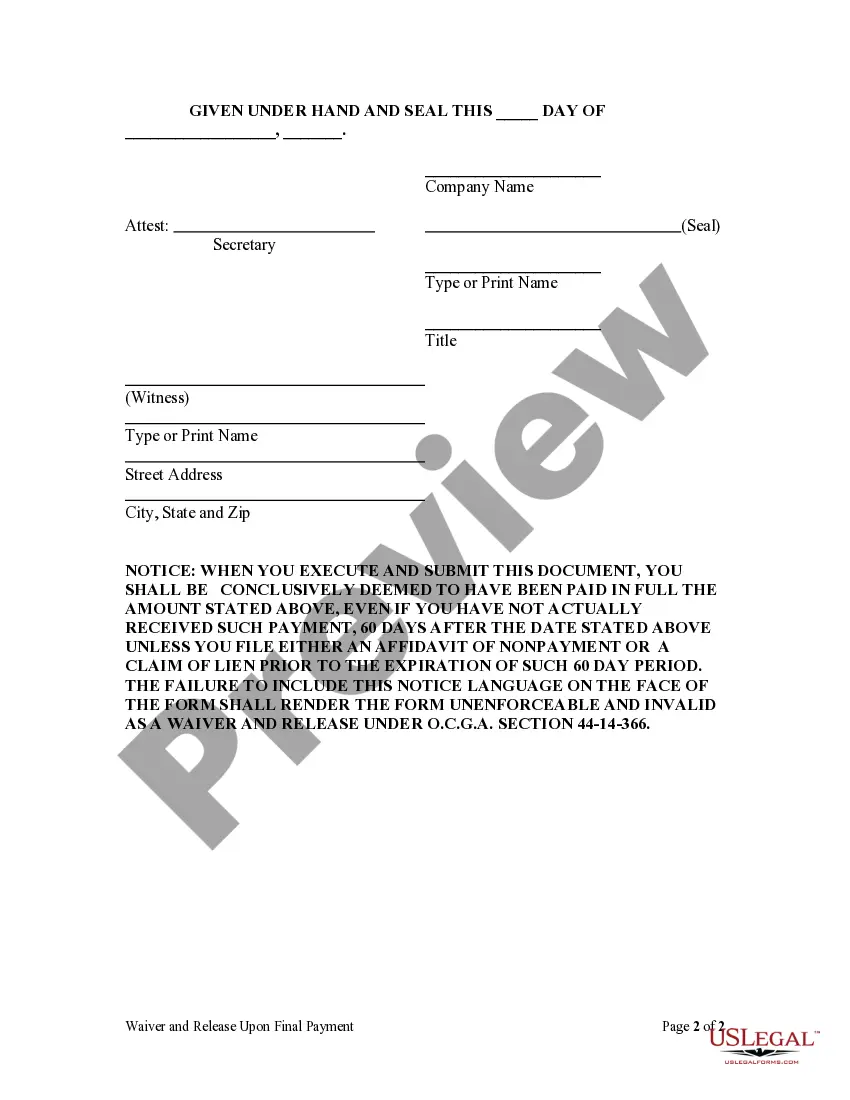Preview Unconditional Waiver and Release Upon Final Payment Sect. 44-14-366 - Corporation or LLC