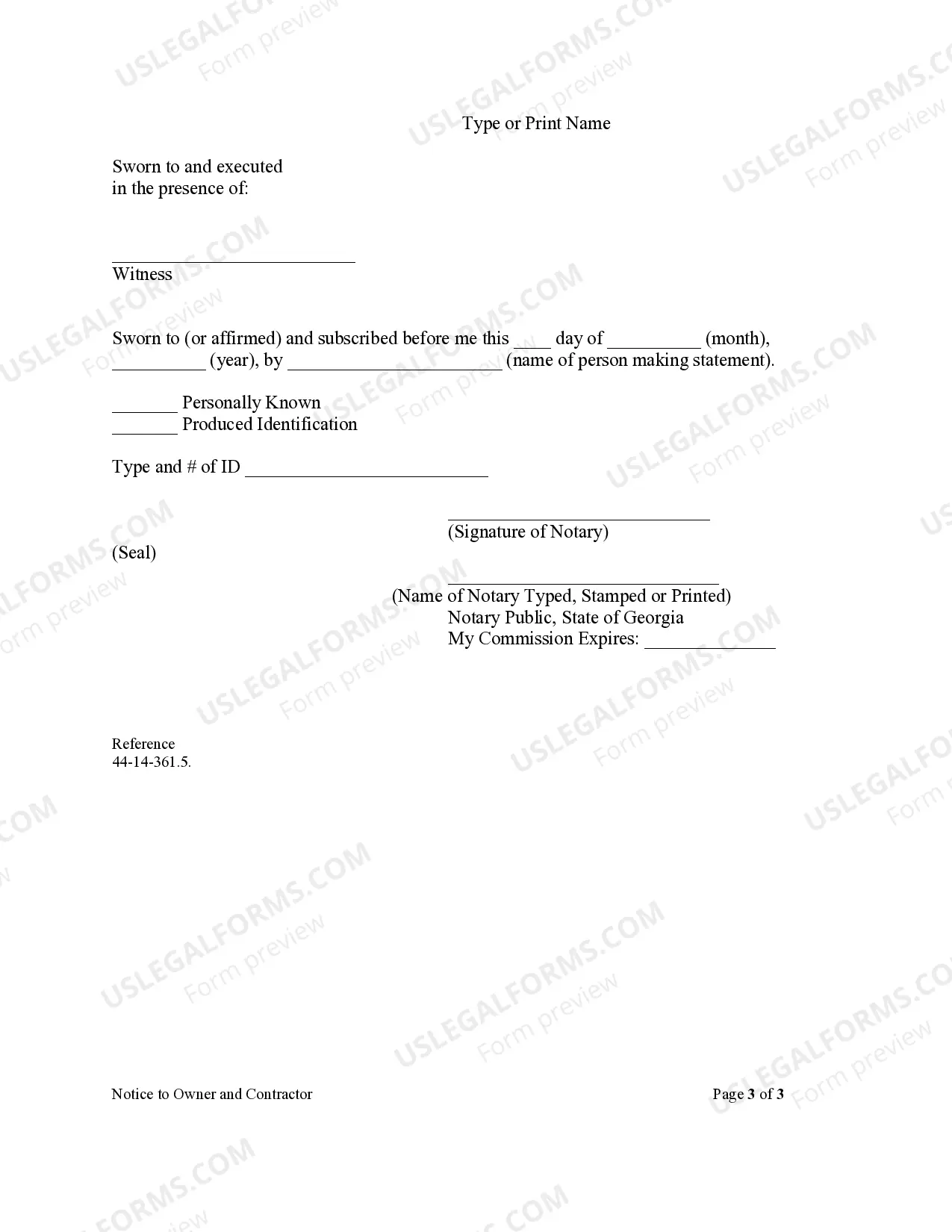 Preview Notice to Owner and Contractor Sect.44-14-361.5 - Individual