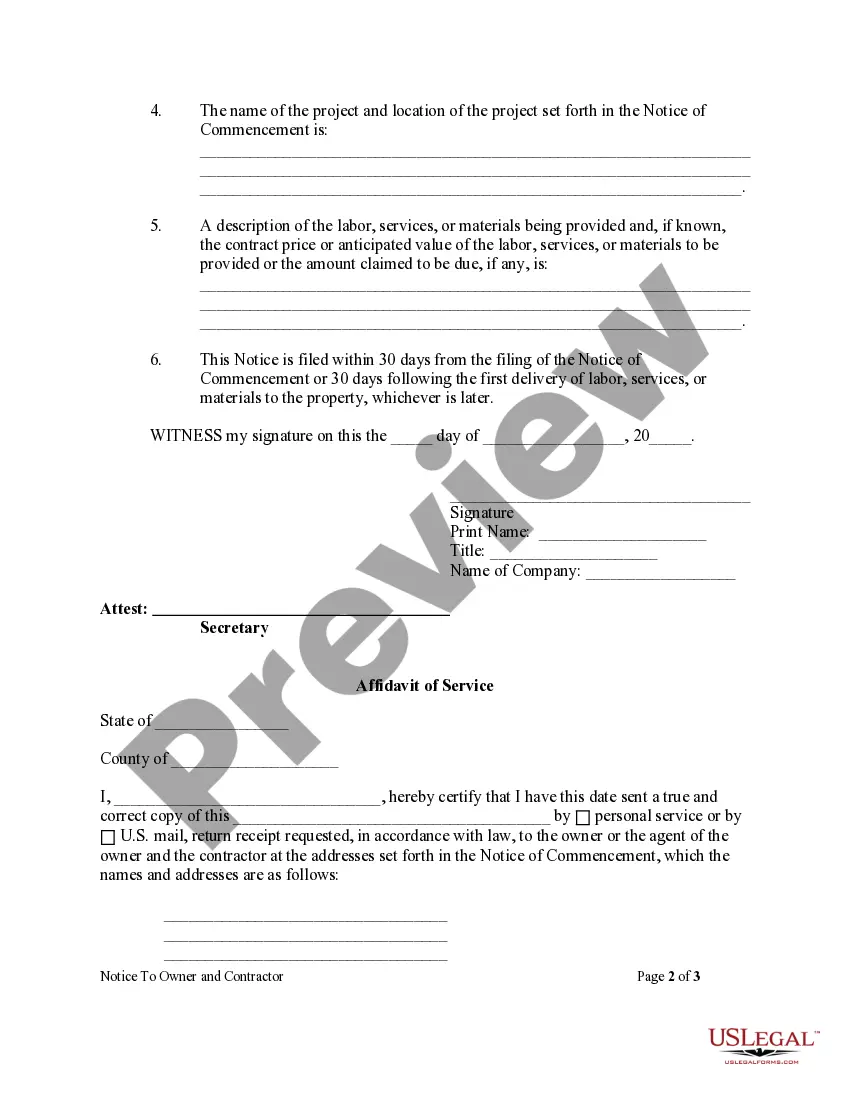 Preview Notice to Owner and Contractor Sect.44-14-361.5 - Corporation or LLC