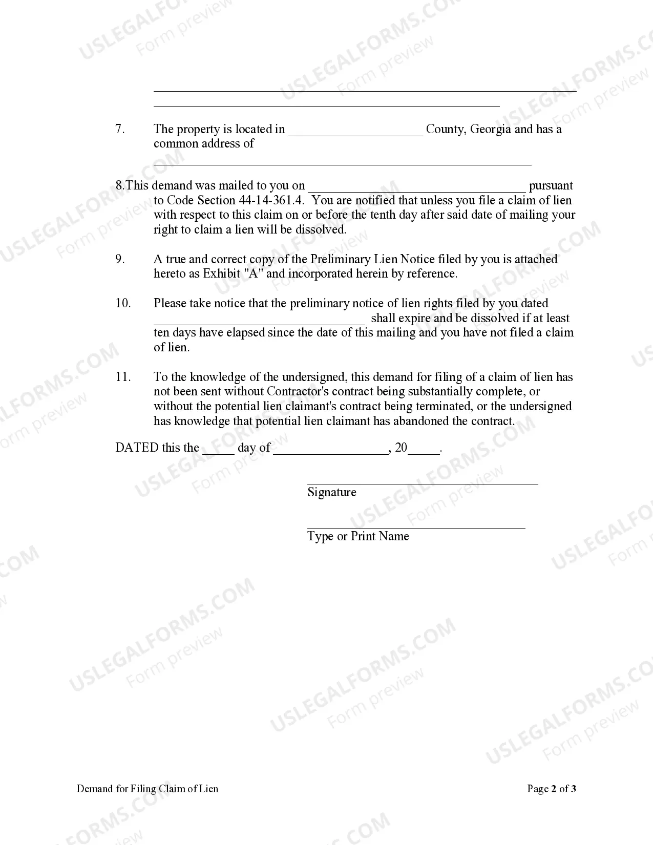 Preview Demand for Filing Claim of Lien - Nonresidential Property - Individual