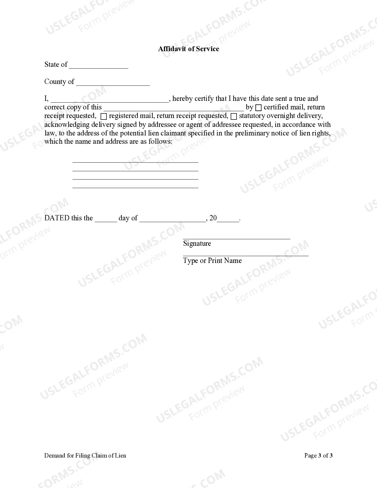 Preview Demand for Filing Claim of Lien - Nonresidential Property - Individual