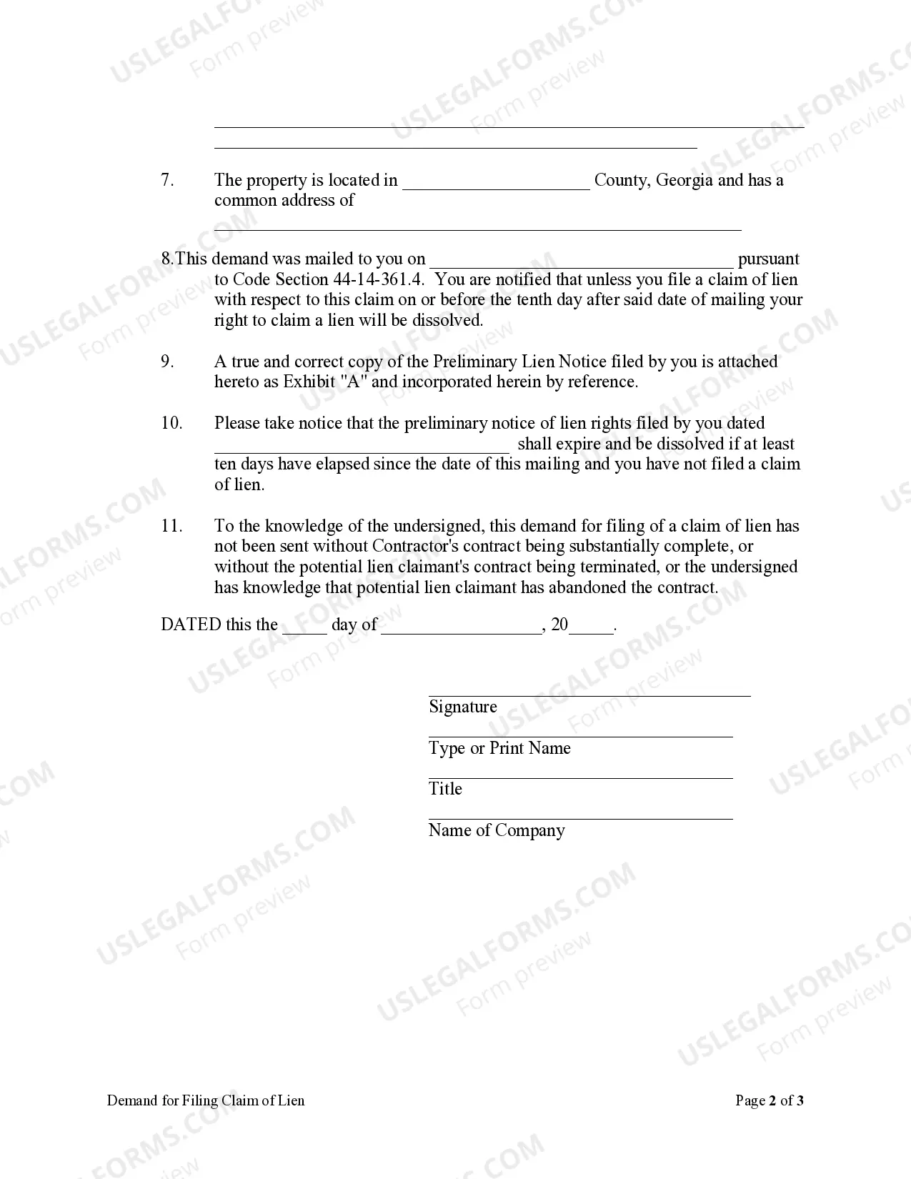 Preview Demand for Filing Claim of Lien - Nonresidential Property - Corporation or LLC