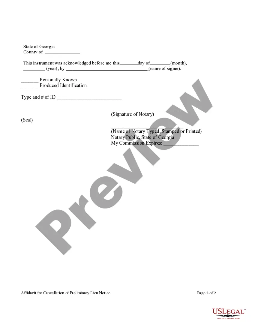 Preview Affidavit in Support of Cancellation of Preliminary Lien after Notice to File Claim of Lien - Individual