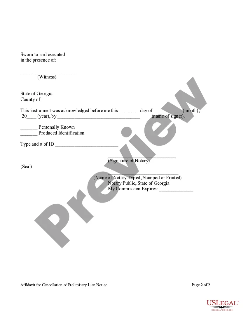 Preview Affidavit in Support of Cancellation of Preliminary Lien after Notice to File Claim of Lien - Corporation or LLC