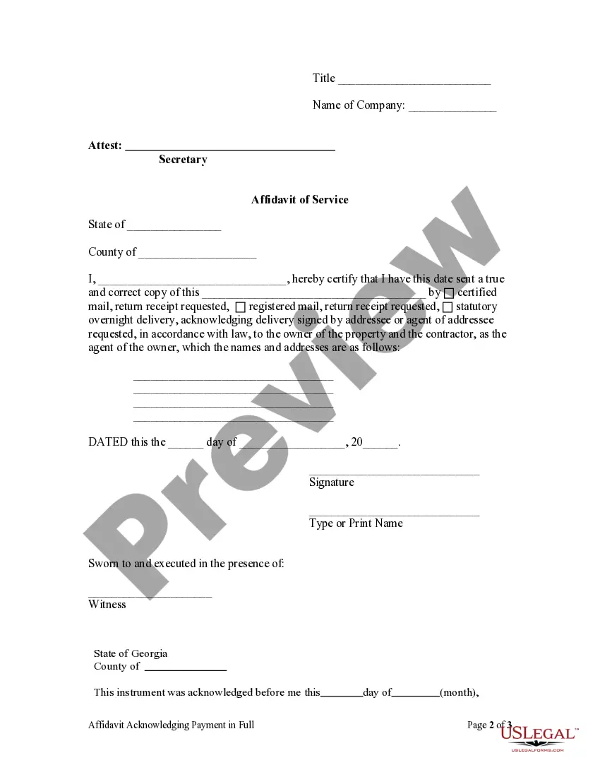 Preview Affidavit Acknowledging Payment in Full - Corporation or LLC