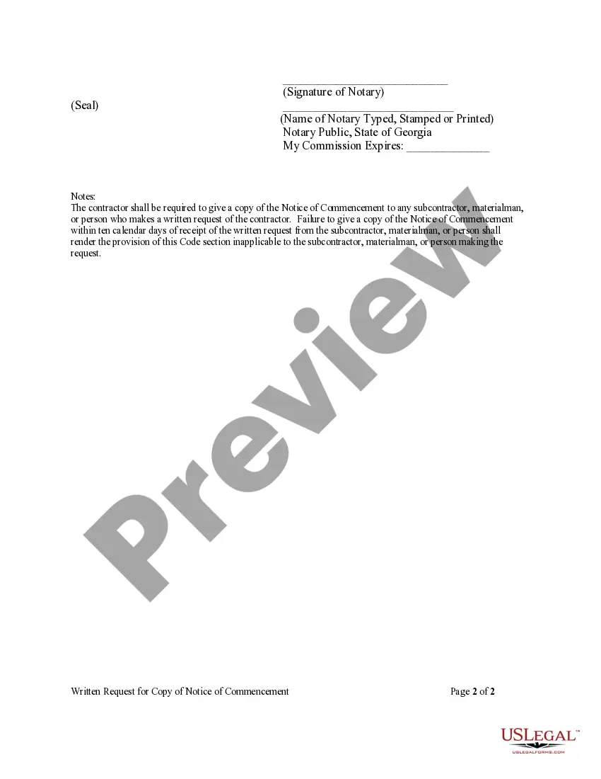 Preview Written Request for Copy of Notice of Commencement - Corporation or LLC