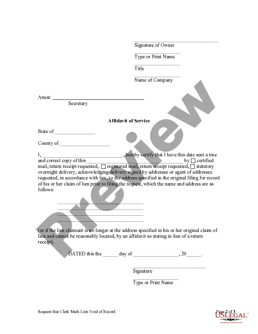 Preview Request that Clerk Mark Lien Void of Record - Corporation or LLC