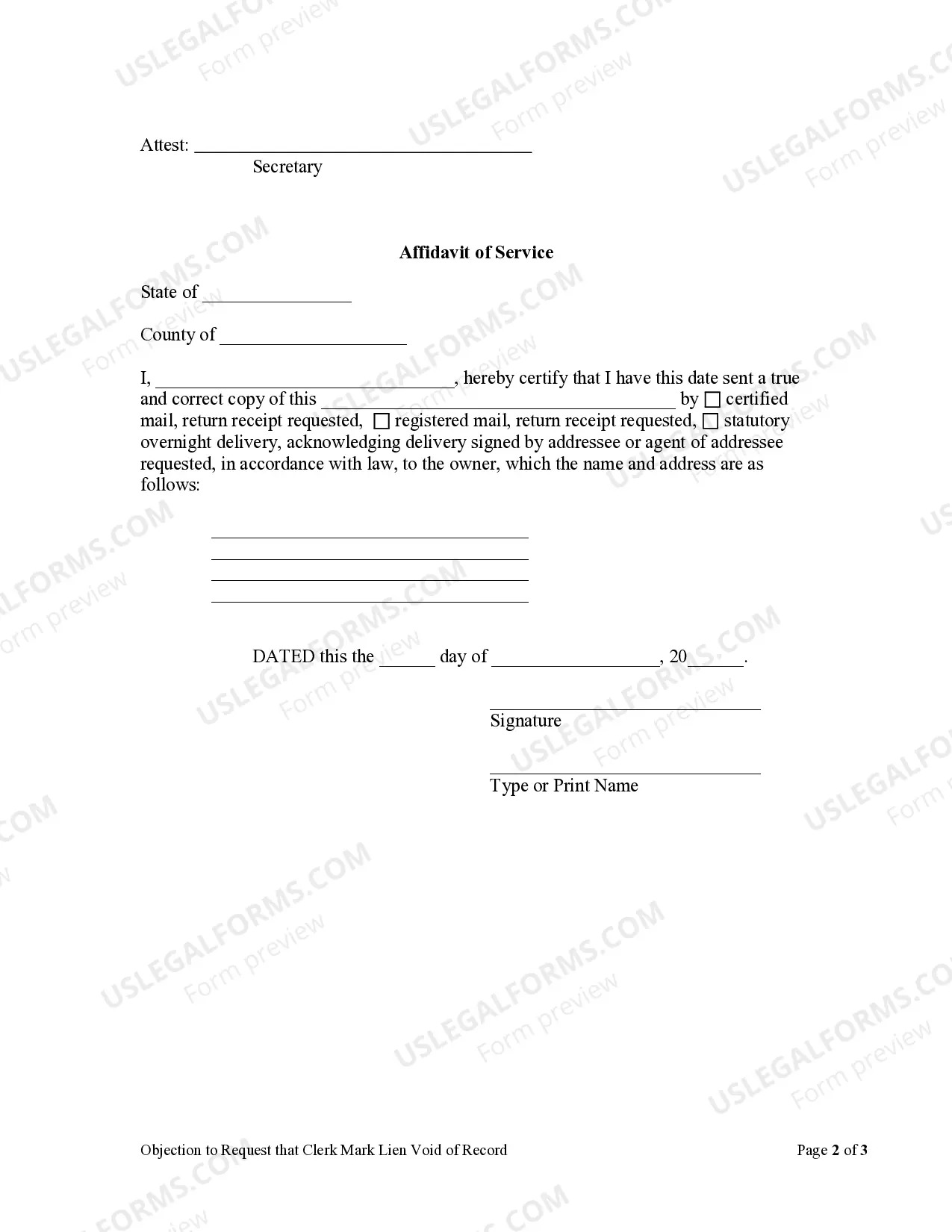 Preview Objection to Request that Clerk Mark Lien Void of Record - Corporation or LLC