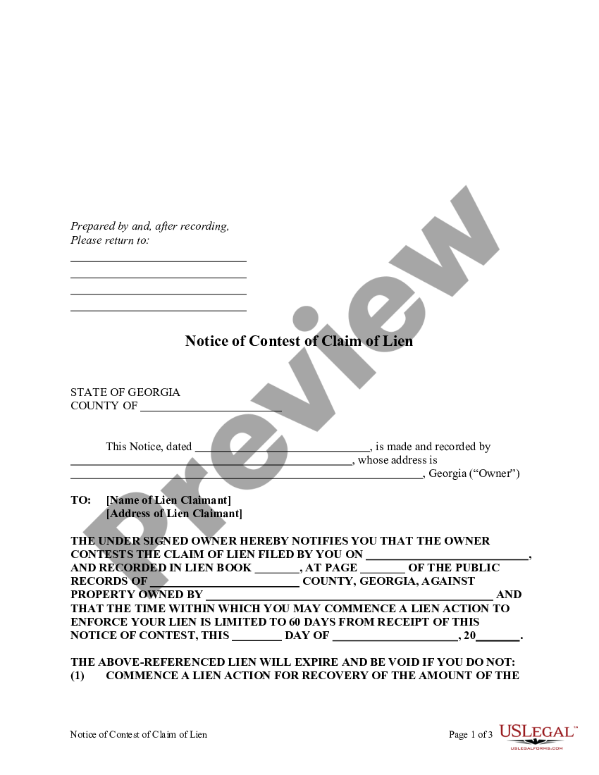 Savannah Georgia Notice Of Contest Of Claim Of Lien Individual Notice Of Contest Of Lien 1645