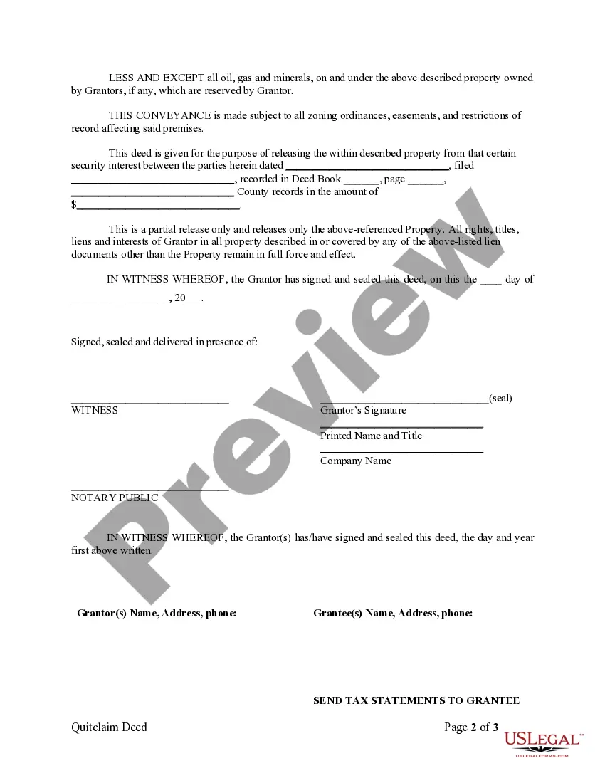 Get Quitclaim Deed with Partial Release by Lender Preview Quitclaim Deed with Partial Release by Lender