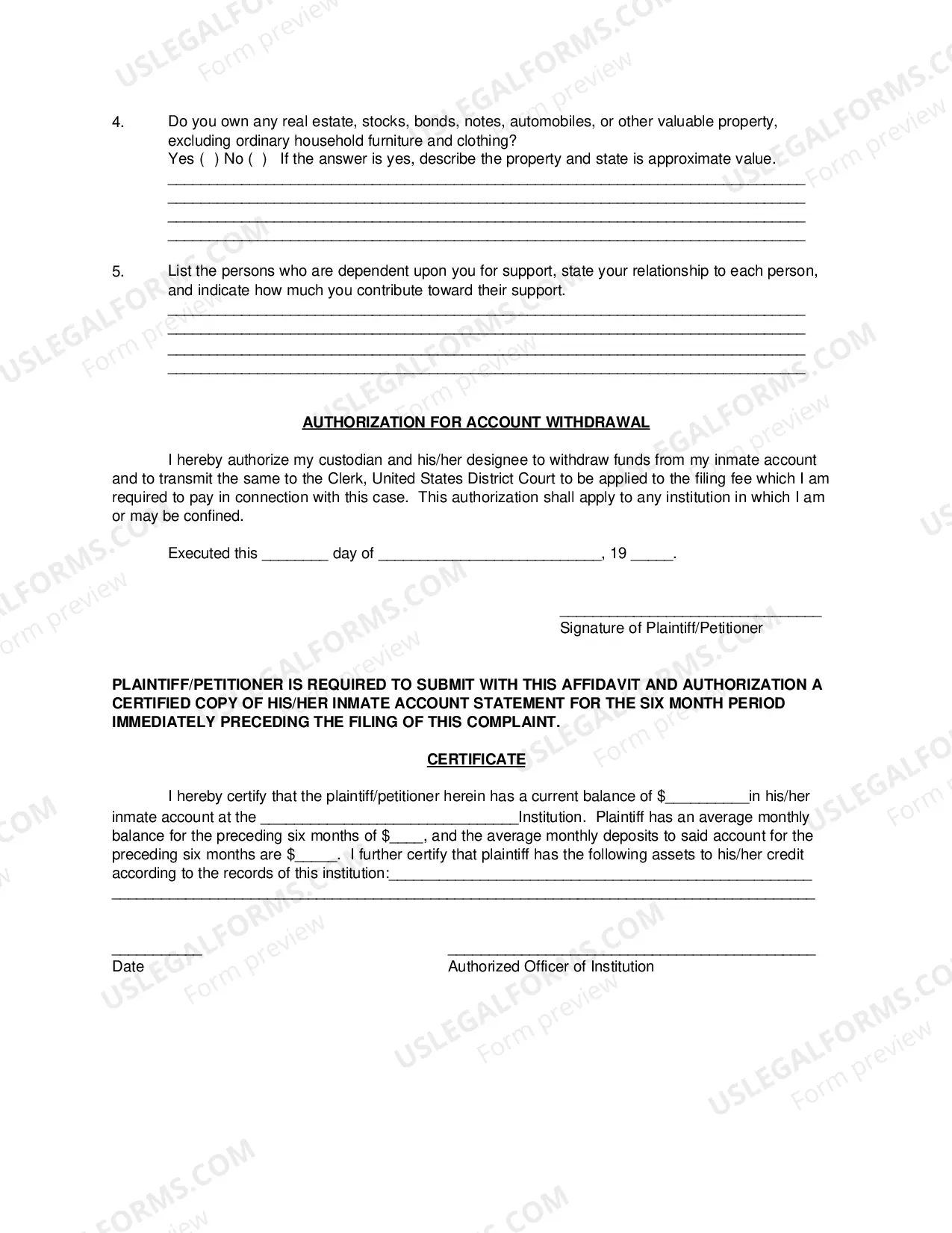Preview Authorized Withdrawal Form, Certified Affidavit of Inmate Account Status