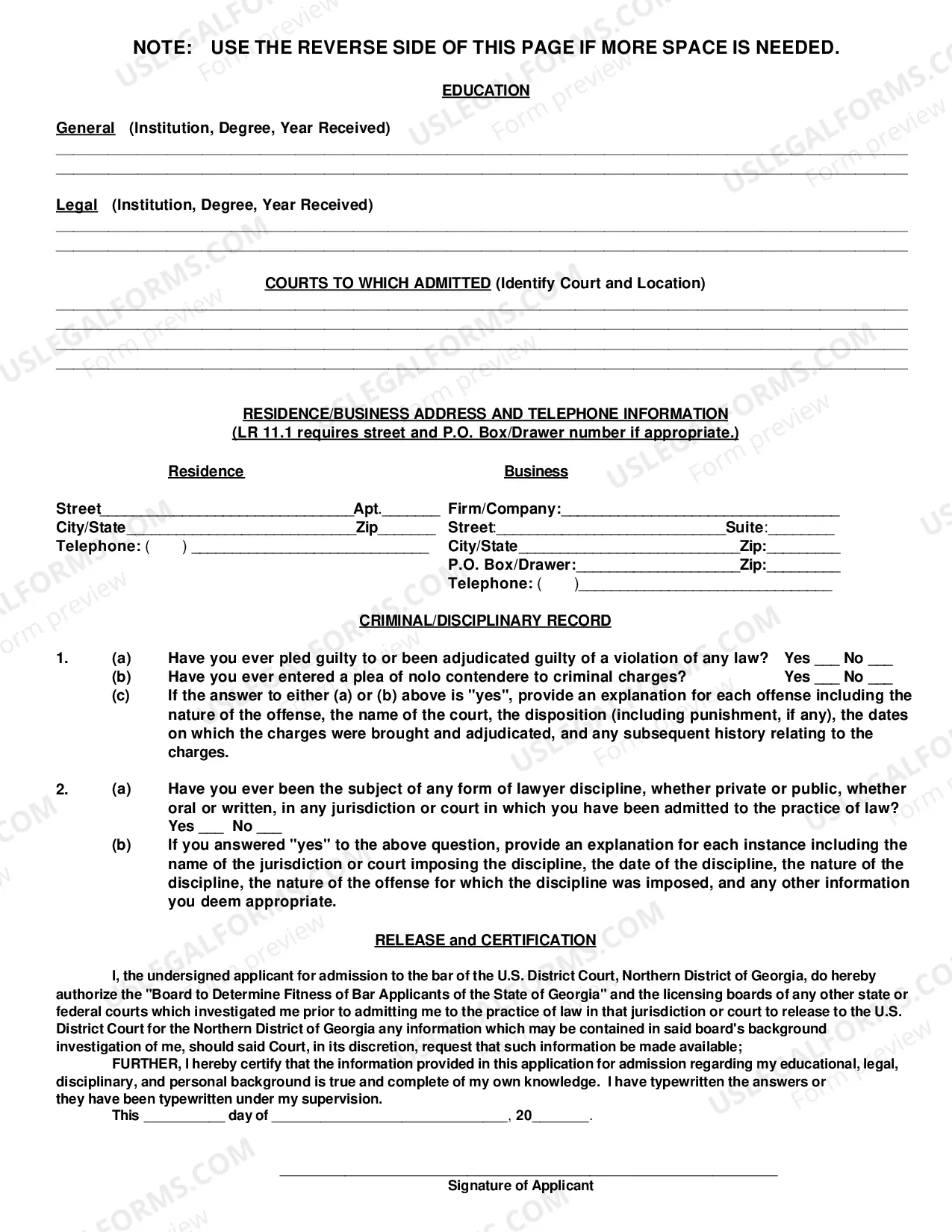 Preview Attorney Admission Application