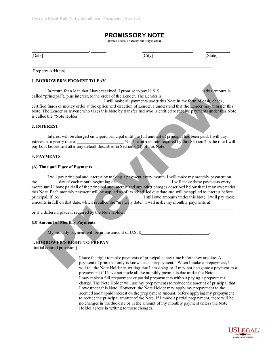 form Georgia Installments Fixed Rate Promissory Note Secured by Residential Real Estate preview