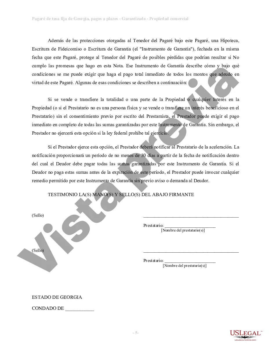 Preview Pagaré de tasa fija a plazos de Georgia garantizado por bienes raíces comerciales