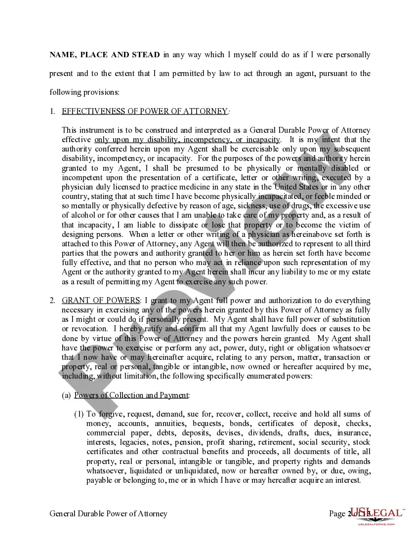 Preview General Durable Power of Attorney for Property and Finances or Financial Effective upon Disability