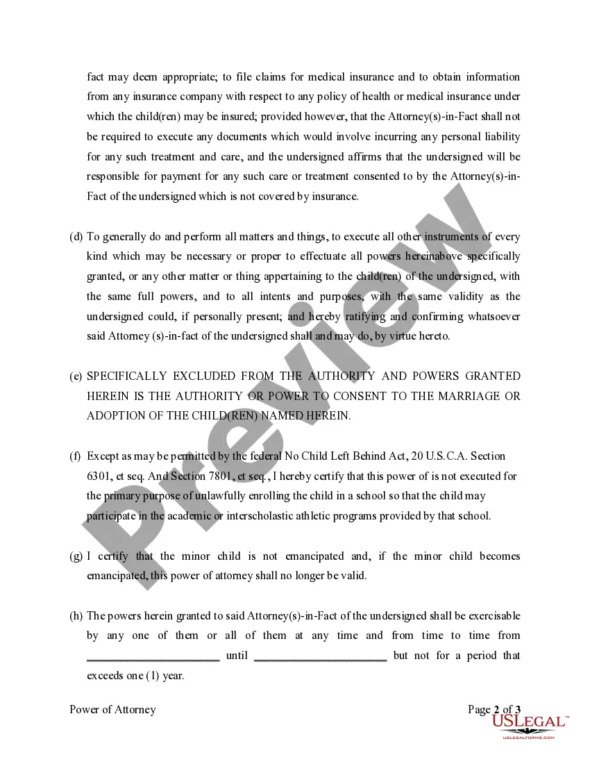 Preview Power of Attorney for Care and Custody of Child or Children