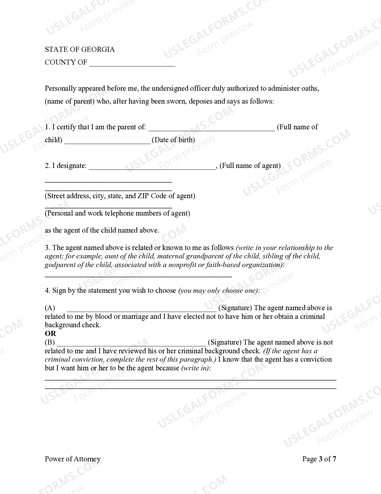 Preview Statutory Power of Attorney to delegate the power and authority for the care of a child