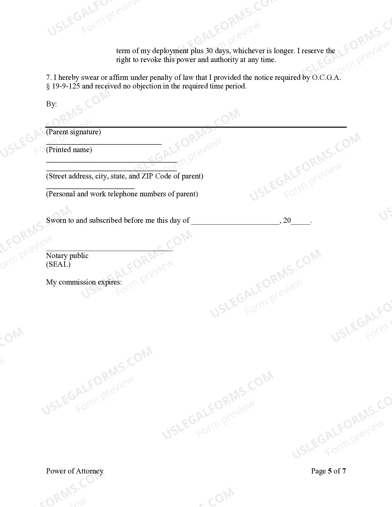 Preview Statutory Power of Attorney to delegate the power and authority for the care of a child