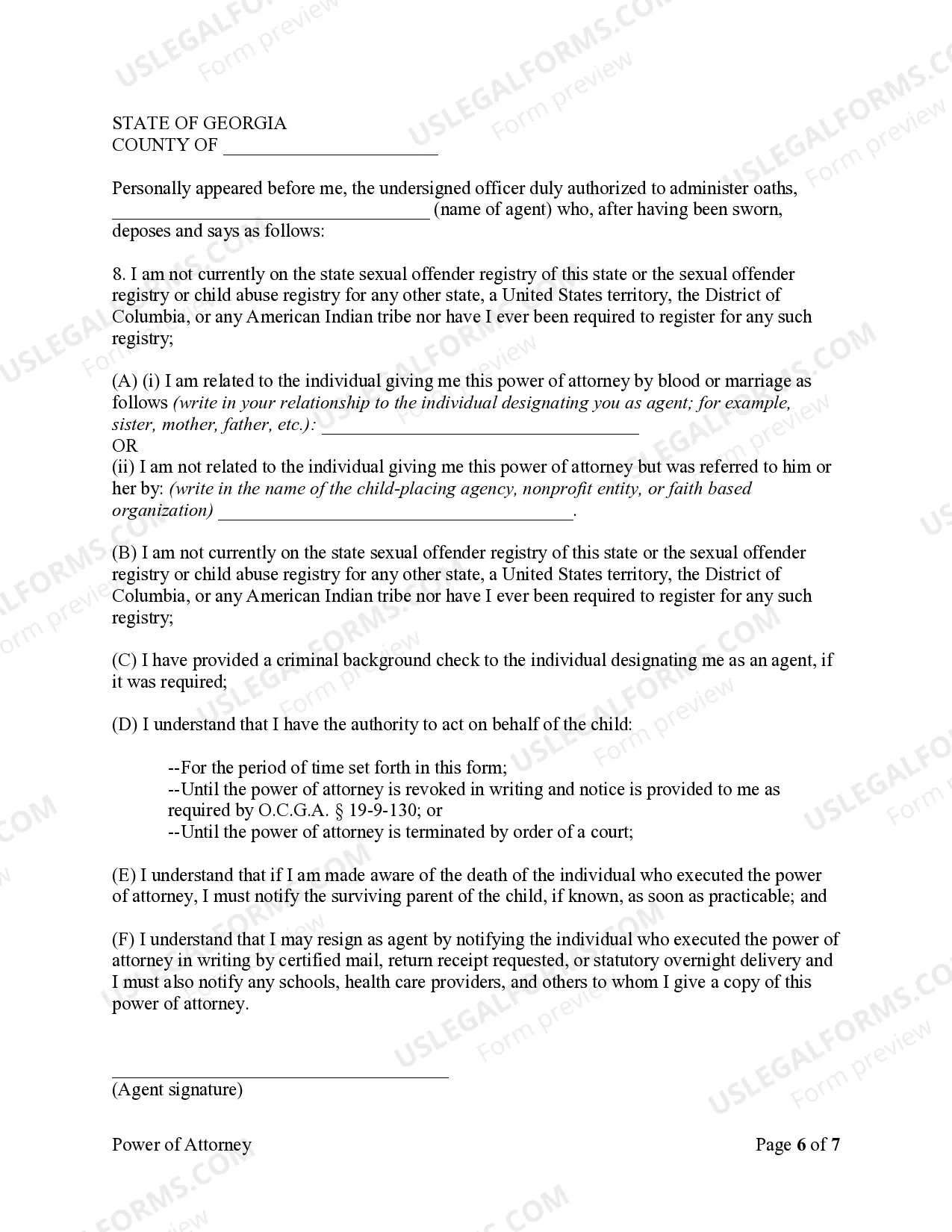 Preview Statutory Power of Attorney to delegate the power and authority for the care of a child