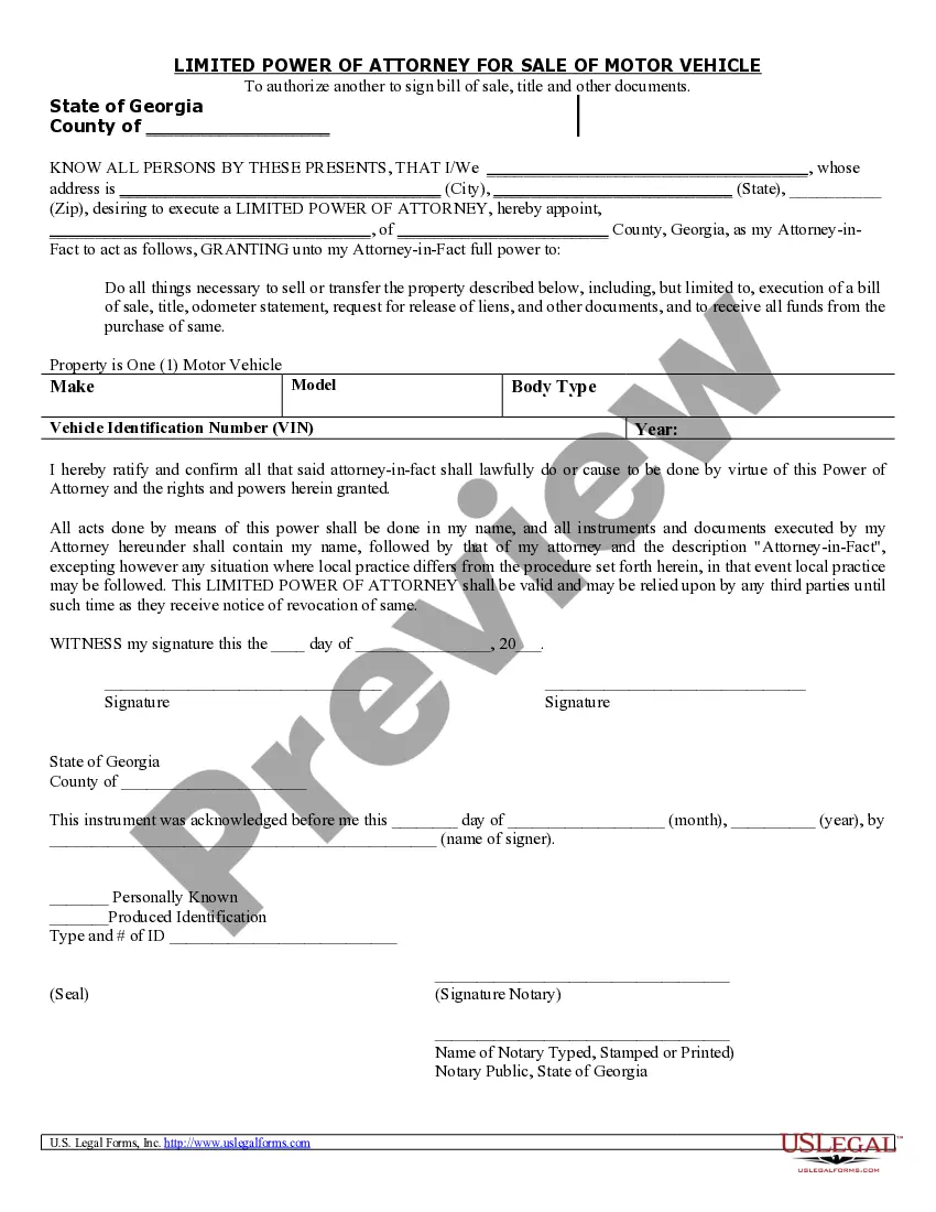 Preview Power of Attorney for Sale of Motor Vehicle