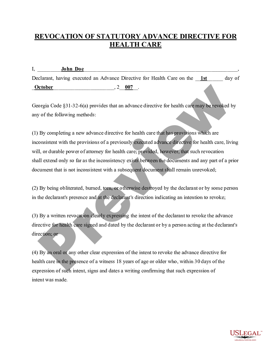 page 0 Revocation of Statutory Advance Directive for Healthcare preview