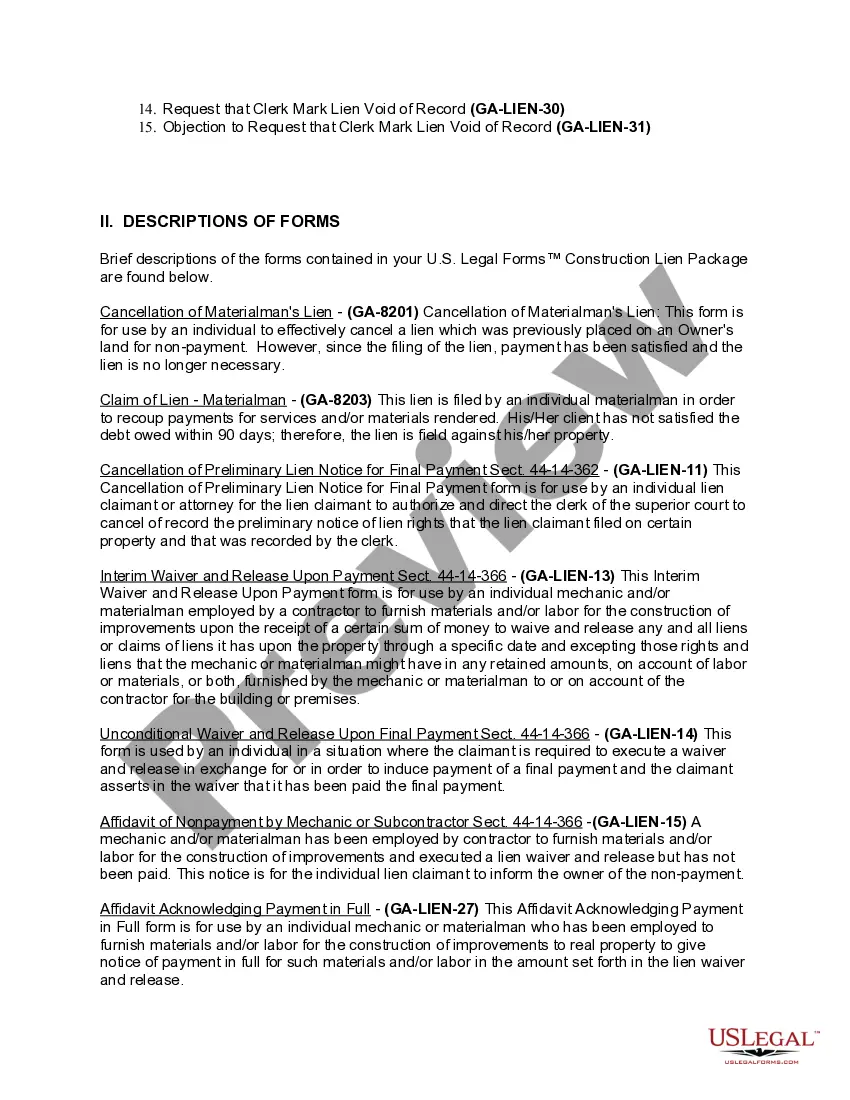 Preview Georgia Construction or Mechanics Lien Package - Individual