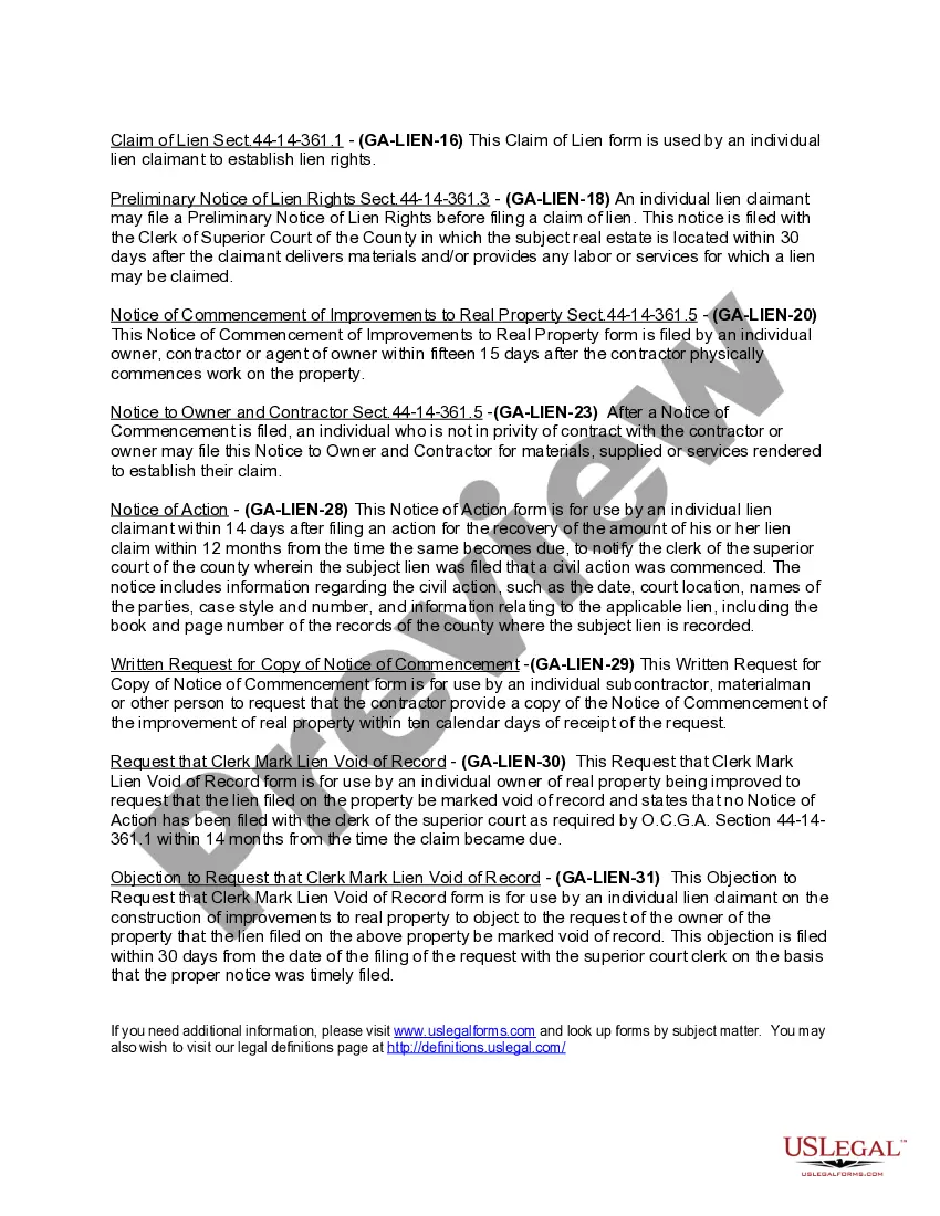 Preview Georgia Construction or Mechanics Lien Package - Individual