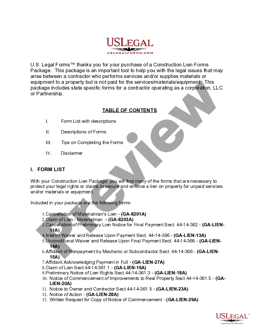 Construction or Mechanics Lien Package Corporation or LLC