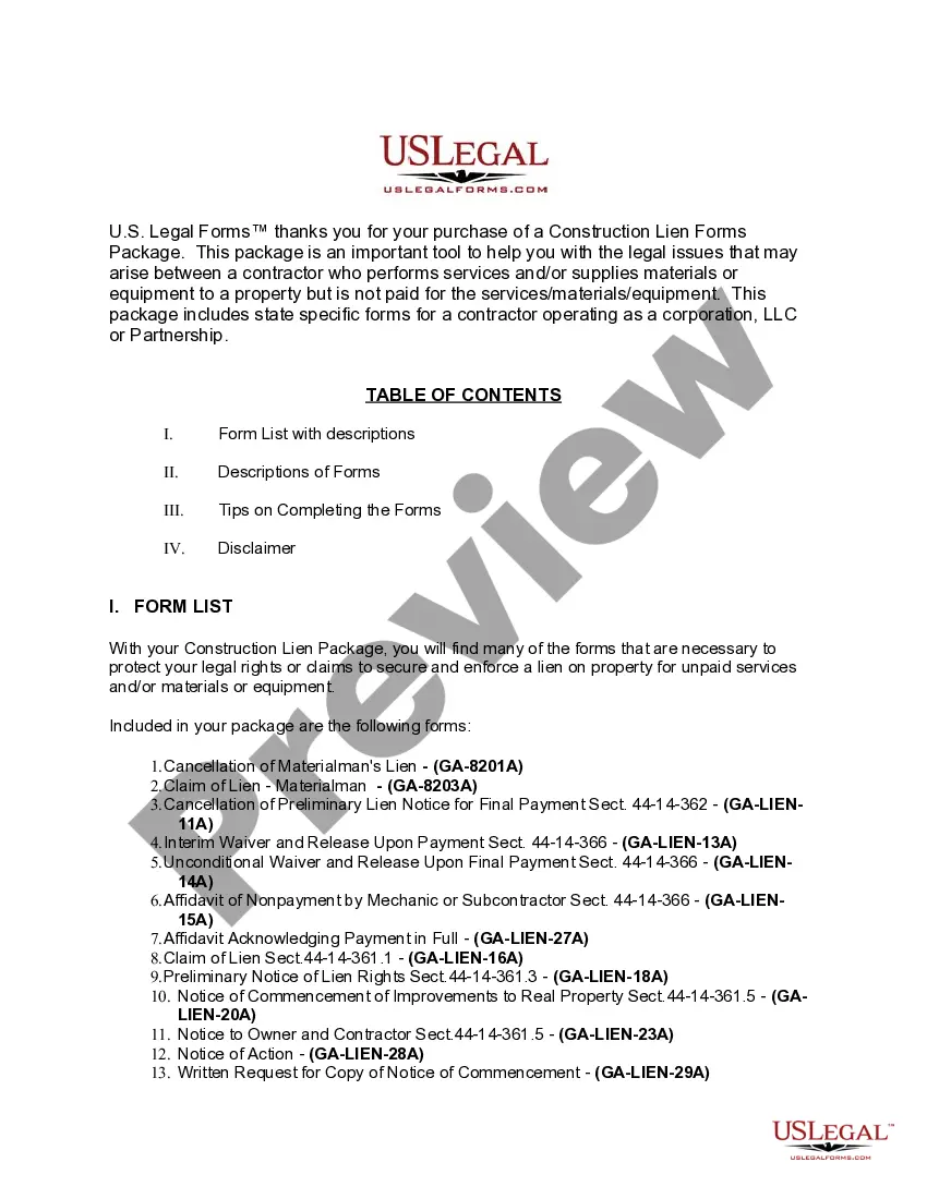 Preview Georgia Construction or Mechanics Lien Package - Corporation or LLC