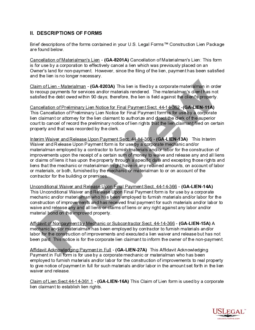 Preview Georgia Construction or Mechanics Lien Package - Corporation or LLC