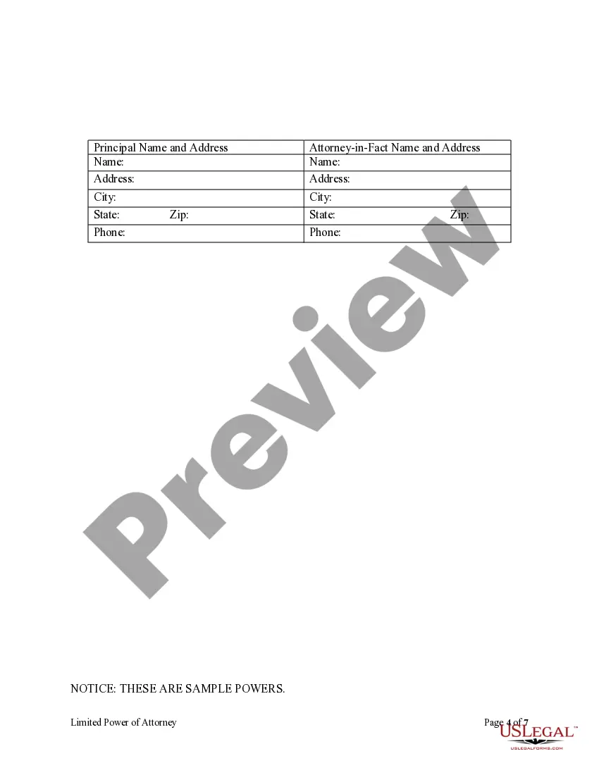 Preview Limited Power of Attorney where you Specify Powers with Sample Powers Included