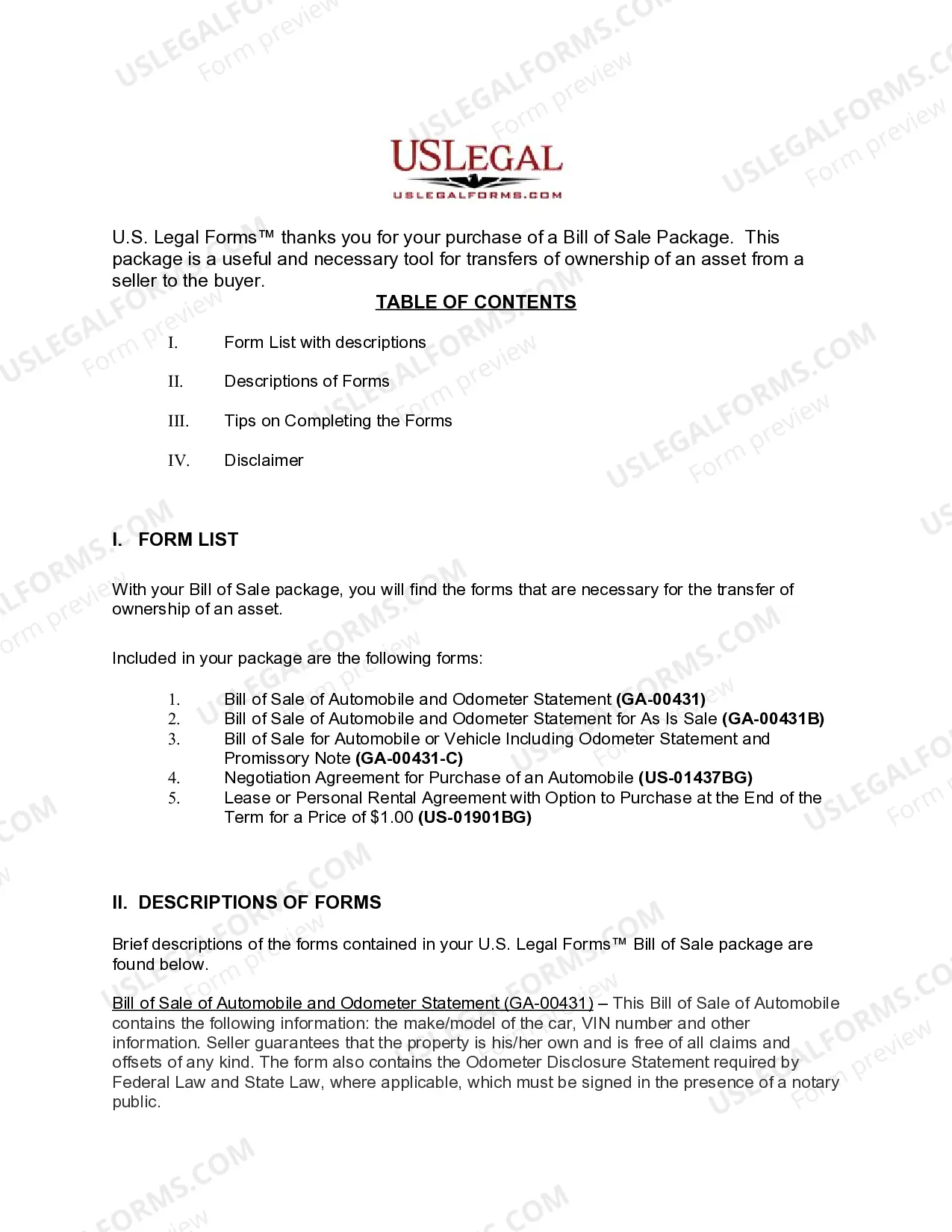 Preview Georgia Automobile Bill of Sale Package