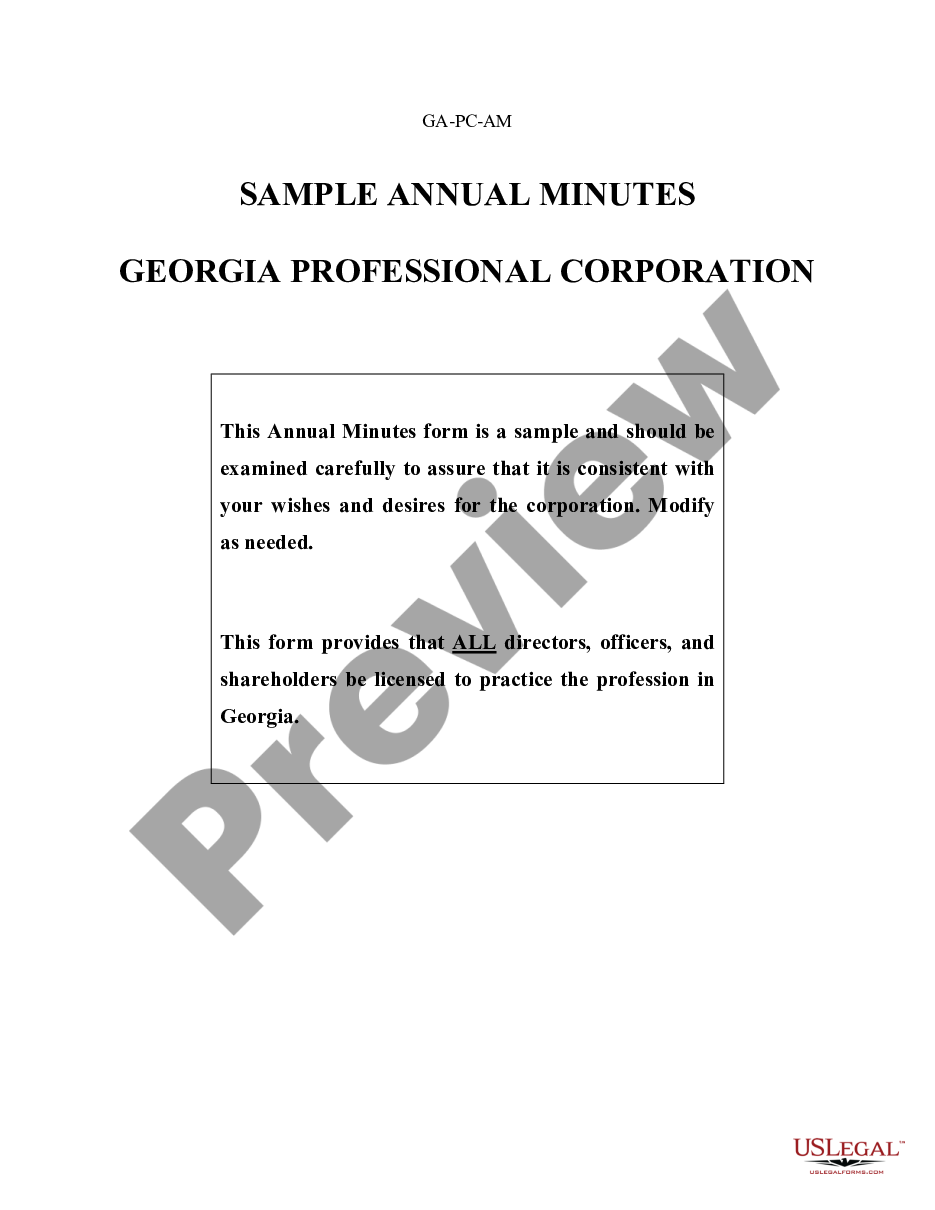 page 0 Annual Minutes for a Georgia Professional Corporation preview