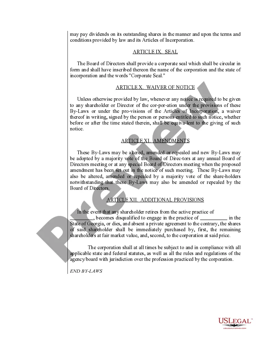Get Sample Bylaws for a Georgia Professional Corporation Preview Sample Bylaws for a Georgia Professional Corporation